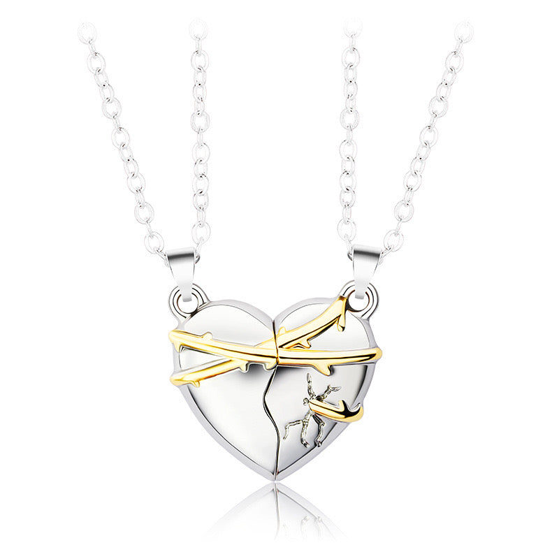 Set of 2 Friendship Necklace Chains - Heart - BFF Best Friends Forever - Magnetic Pendant - Lovers Couple Silver