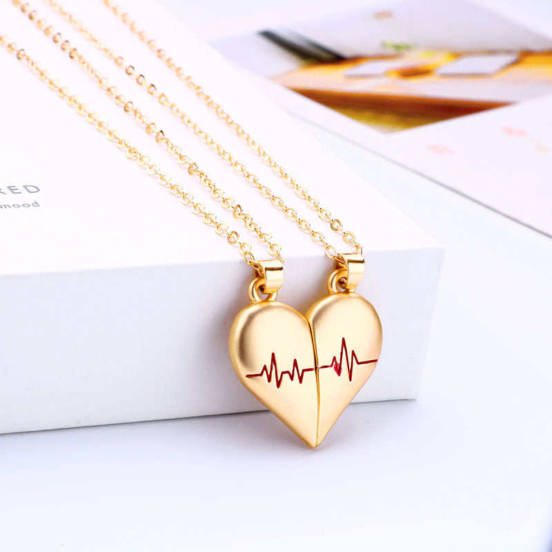Set of 2 Chains Friendship Necklaces Heart Heartbeat - BFF Best Friends Forever - Fancy - Magnetized Couple Lovers Pendant
