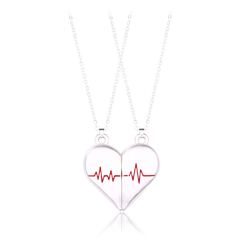 Set of 2 Chains Friendship Necklaces Heart Heartbeat - BFF Best Friends Forever - Fancy - Magnetized Couple Lovers Pendant