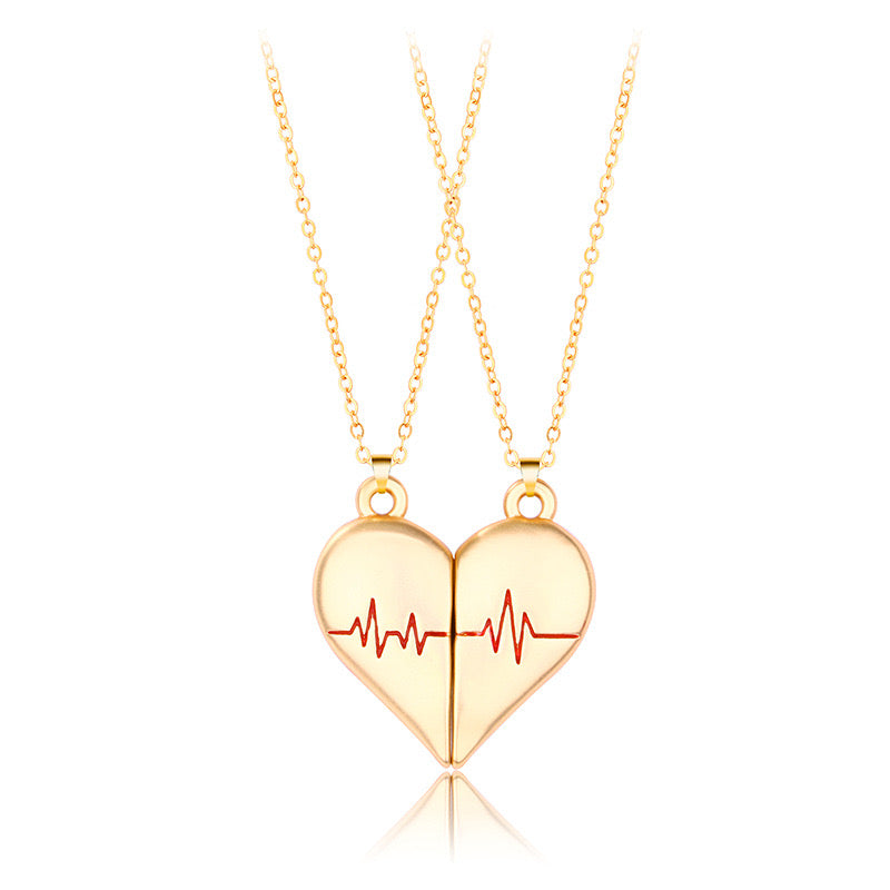 Set of 2 Chains Friendship Necklaces Heart Heartbeat - BFF Best Friends Forever - Fancy - Magnetized Couple Lovers Pendant