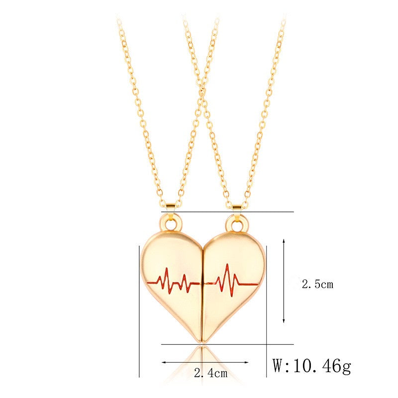 Set of 2 Chains Friendship Necklaces Heart Heartbeat - BFF Best Friends Forever - Fancy - Magnetized Couple Lovers Pendant