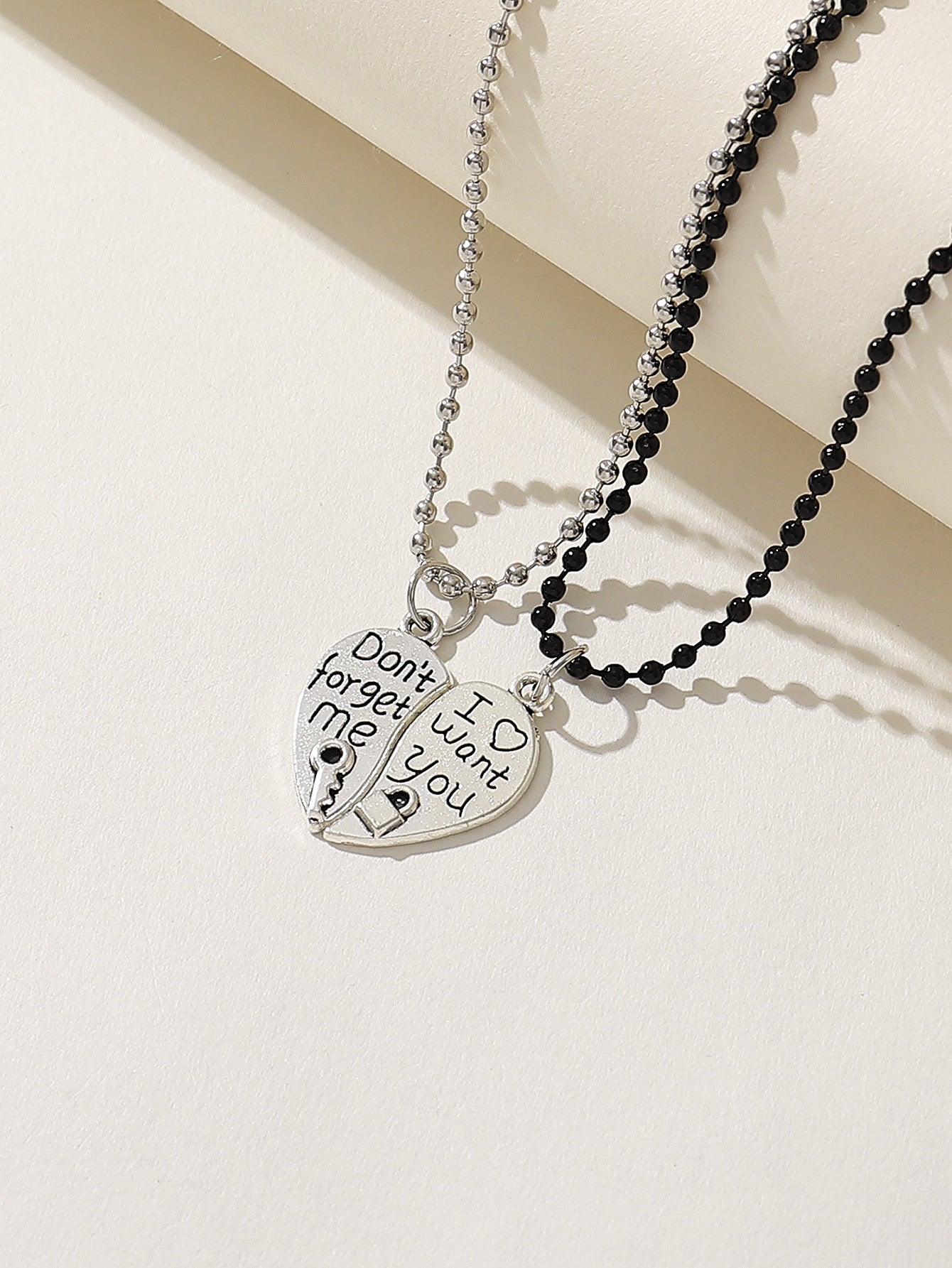 Set of 2 Friendship Necklace Chains - Heart Key Padlock - BFF Best Friends Forever - Pendant - Lovers Couple Silver & Black