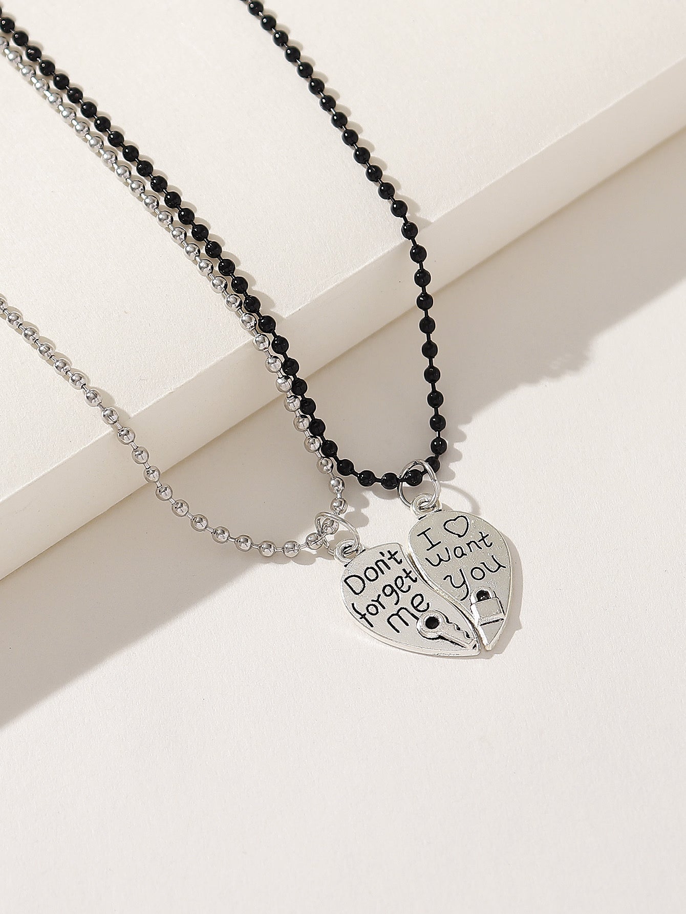 Set of 2 Friendship Necklace Chains - Heart Key Padlock - BFF Best Friends Forever - Pendant - Lovers Couple Silver & Black