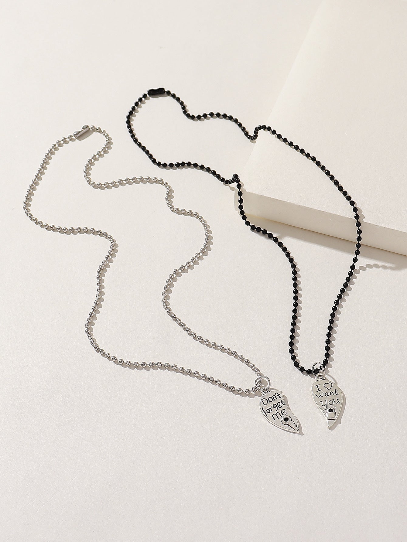 Set of 2 Friendship Necklace Chains - Heart Key Padlock - BFF Best Friends Forever - Pendant - Lovers Couple Silver & Black