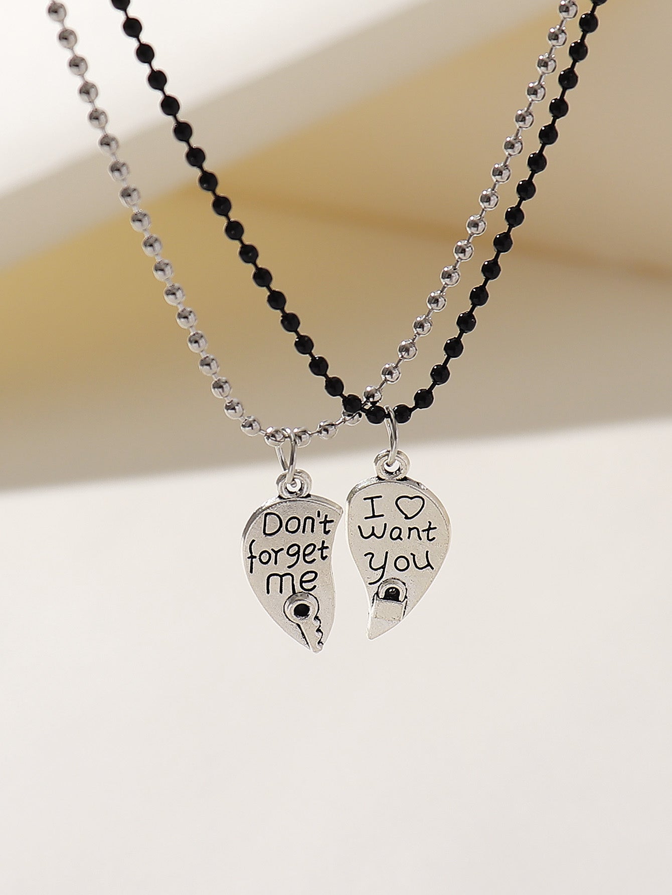 Set of 2 Friendship Necklace Chains - Heart Key Padlock - BFF Best Friends Forever - Pendant - Lovers Couple Silver & Black