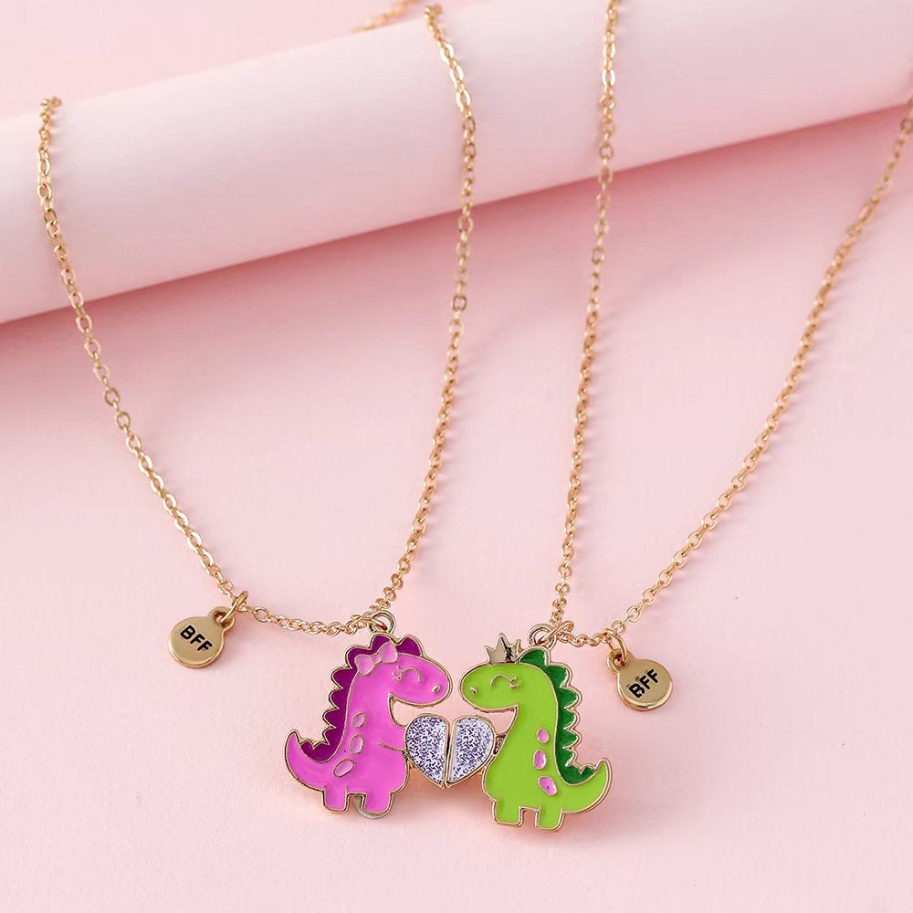 CHILD - Set of 2 Dinosaur Friendship Necklaces - BFF Best Friends Forever - Fantasy - Magnetic Pendant - Gold or Silver