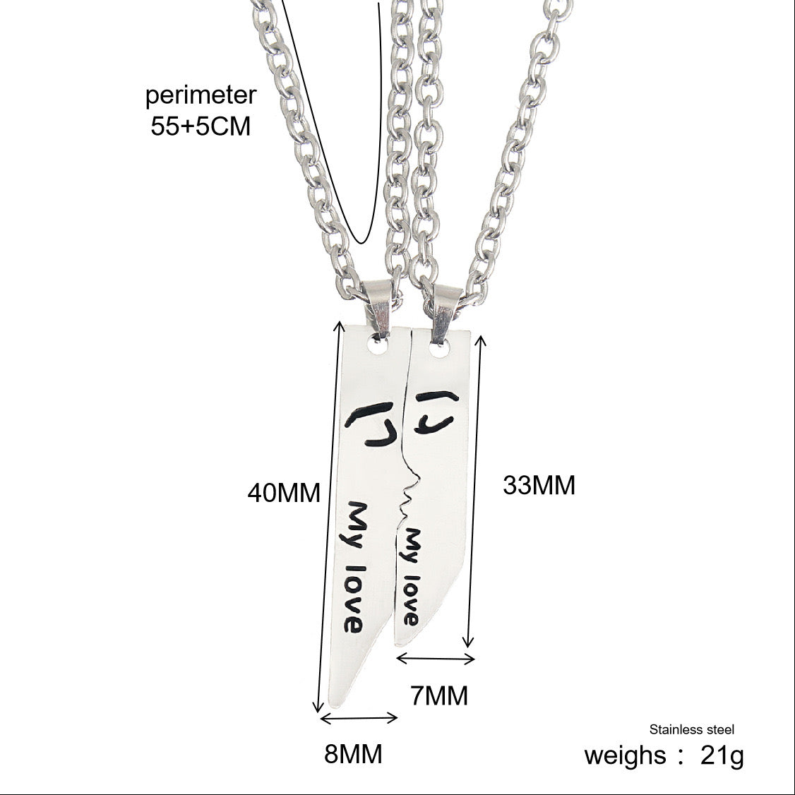 Set mit 2 Ketten, Freundschaftshalsketten „Paar My Love“ – BFF, beste Freunde für immer – ausgefallen – Anhänger und Kette aus silbernem Edelstahl