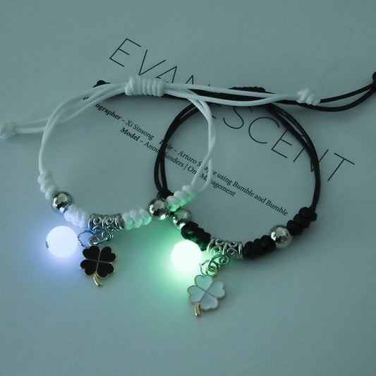 Lot de 2 Bracelets D'amitié Cordon Réglable - Trèfle 4 Feuilles - BFF - Best Friends Forever - Amitié - Pendentif Perle Phosphorescent