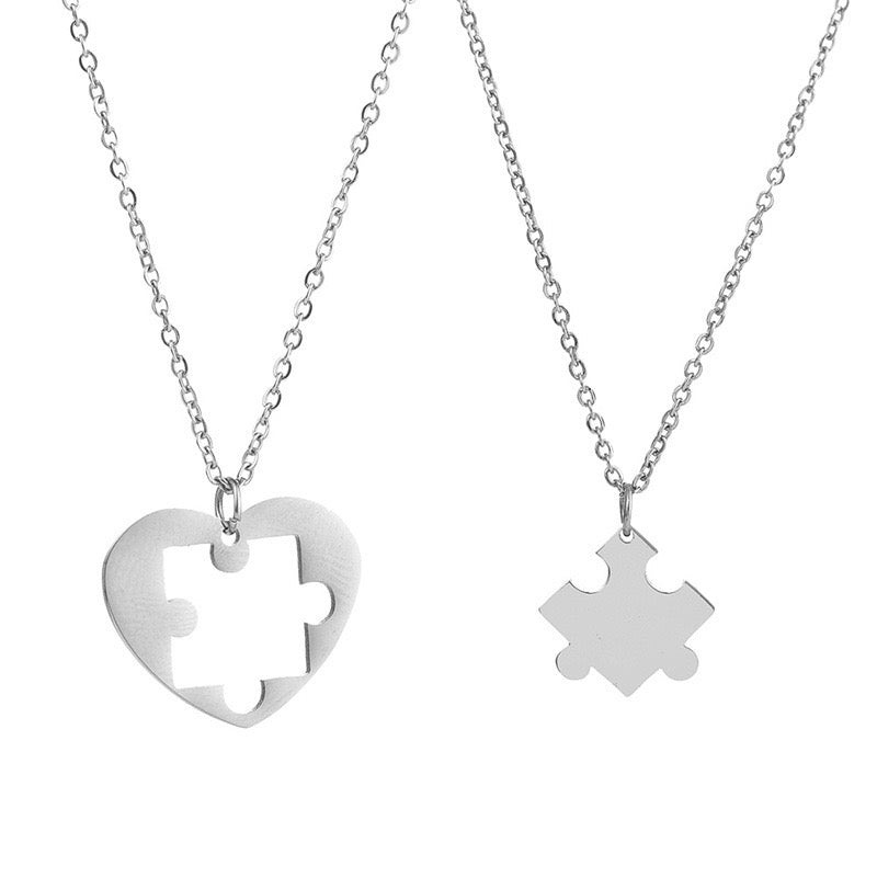 Set mit 2 Ketten, Freundschaftsketten, Paar, Puzzle, Herz, einander, BFF, beste Freunde für immer, Anhänger und Kette, silberfarbener Edelstahl