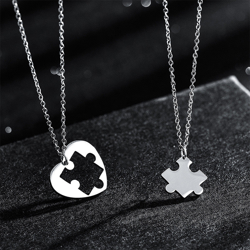 Set mit 2 Ketten, Freundschaftsketten, Paar, Puzzle, Herz, einander, BFF, beste Freunde für immer, Anhänger und Kette, silberfarbener Edelstahl