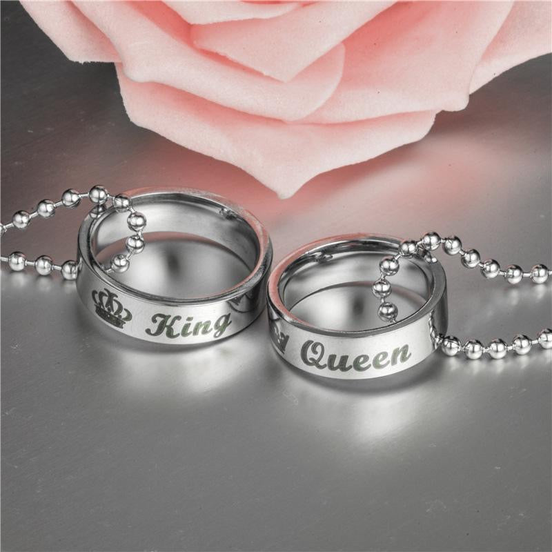 Lot de 2 Colliers D'amitié Couple - Anneaux Roi Reine - BFF - Best Friends - Amoureux - Pendentif Chaine Argenté - Acier Inoxydable