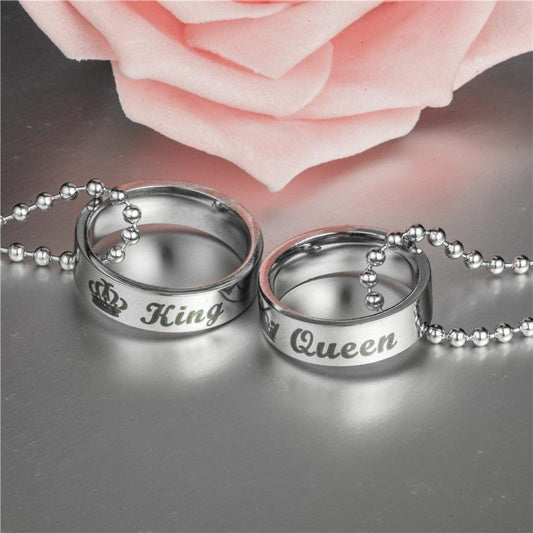 Lot de 2 Colliers D'amitié Couple - Anneaux Roi Reine - BFF - Best Friends - Amoureux - Pendentif Chaine Argenté - Acier Inoxydable