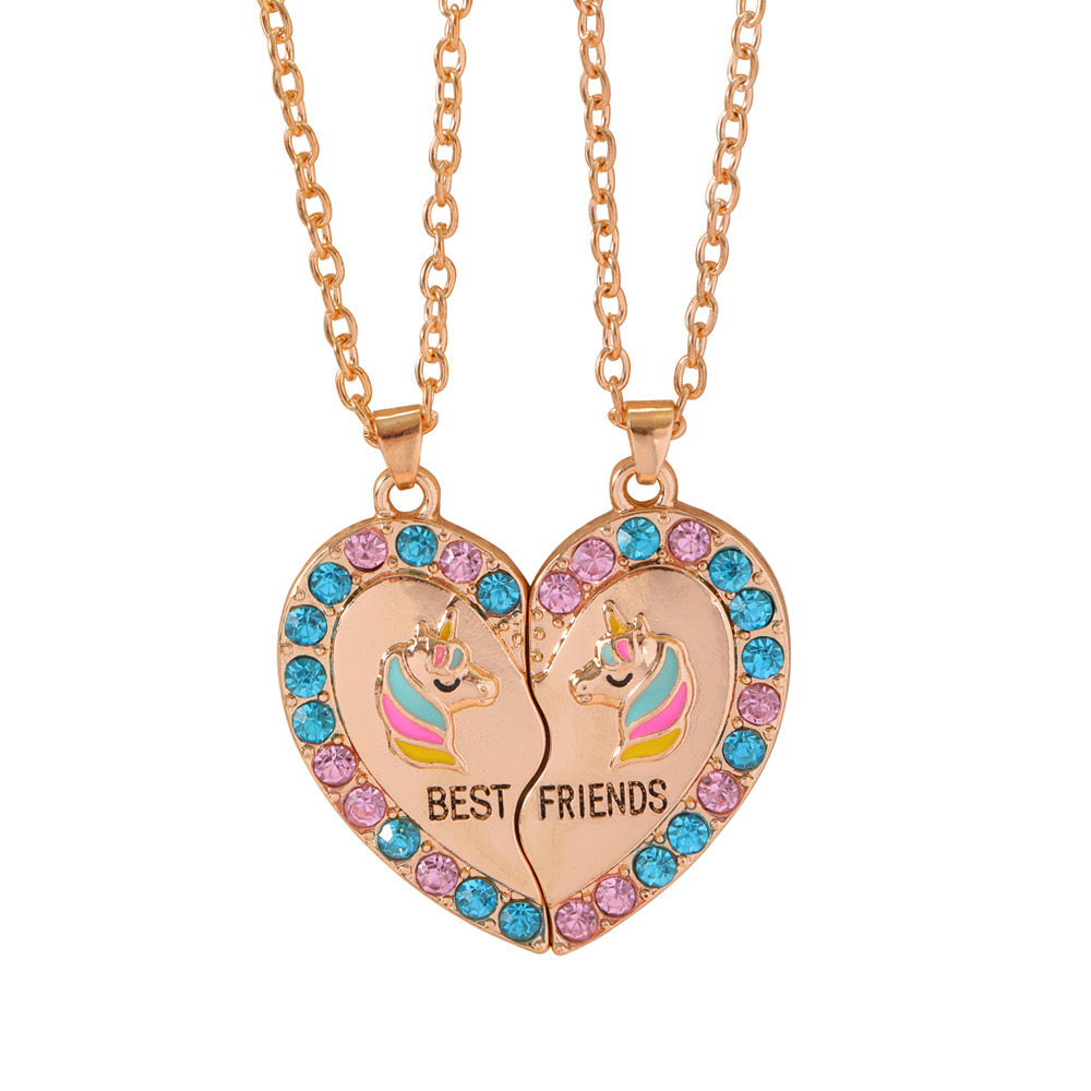 Lot de 2 Colliers D'amitié - Coeur Licornes - BFF - Best Friends Forever - Fantaisie - Pendentif et Chaine Argenté ou Doré - Amitié