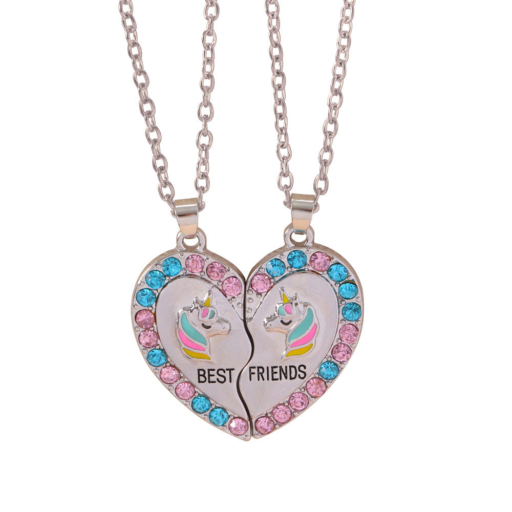 Lot de 2 Colliers D'amitié - Coeur Licornes - BFF - Best Friends Forever - Fantaisie - Pendentif et Chaine Argenté ou Doré - Amitié