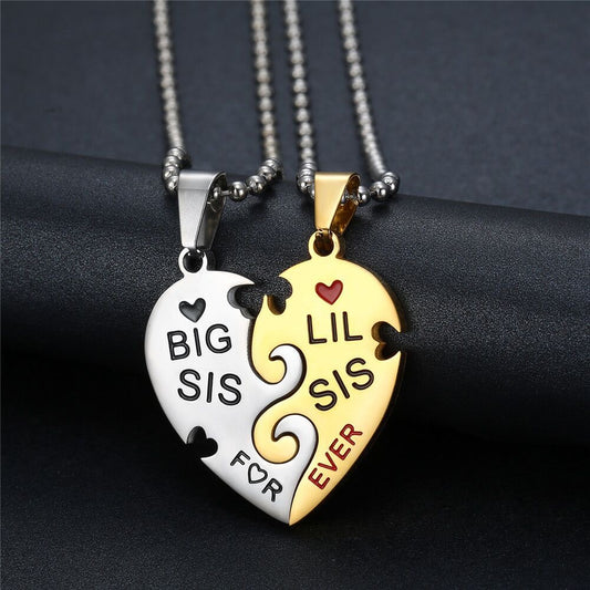 Lot de 2 Colliers Coeur - Soeurs - Famille Petite Soeur Grande Soeur - Forever - Pendentif Coeur - Acier Inoxydable
