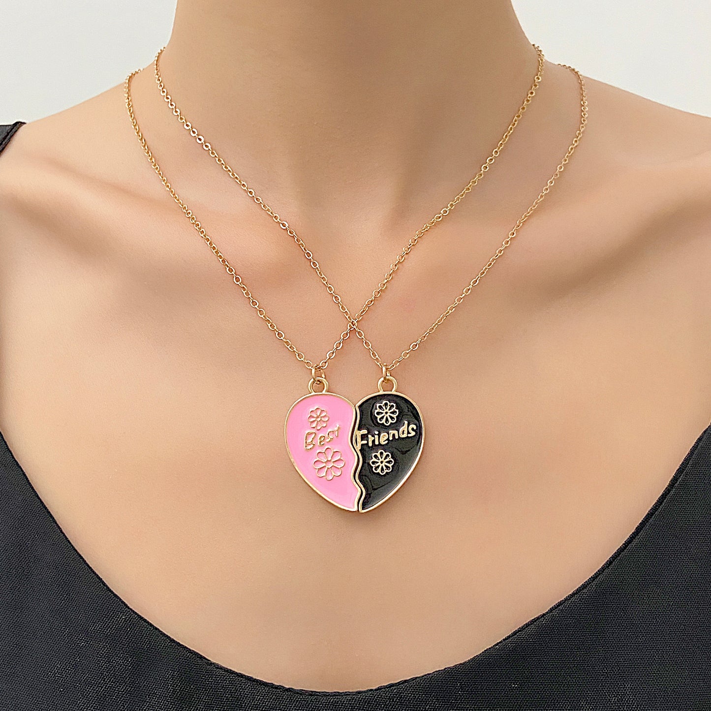 CHILDREN - Set of 2 Chains Friendship Necklaces Cat Unicorn & Heart - BFF Best Friends Forever - Fantasy - Rainbow Resin Pendant