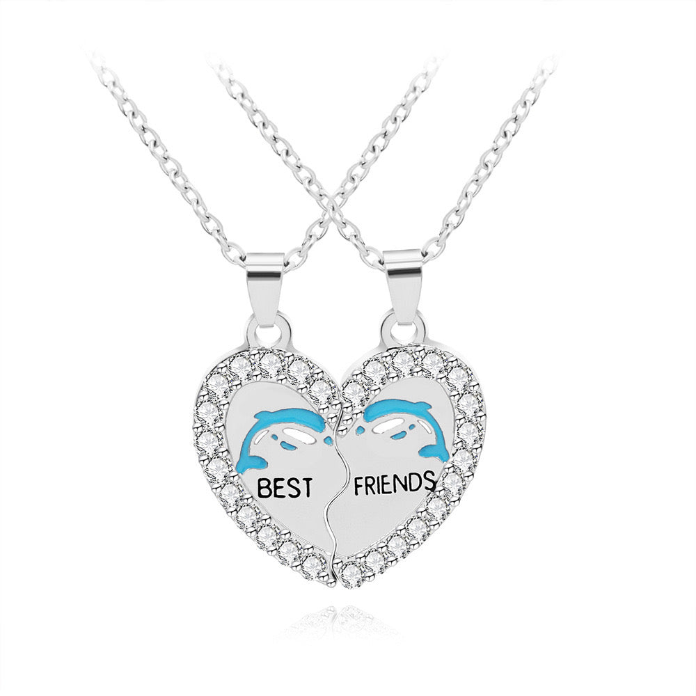 Set of 2 Dolphin Heart Friendship Necklaces - BFF Best Friends Forever - Fantasy - Silver Pendant and Chain