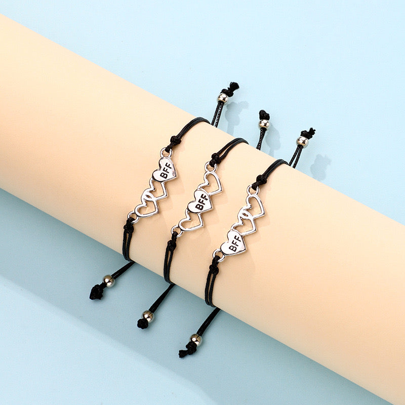 Lot de 3 Bracelets D'amitié Cordon Réglable avec Carte - 3 Petits Coeurs - BFF - Best Friends Forever - Fantaisie - Mignon