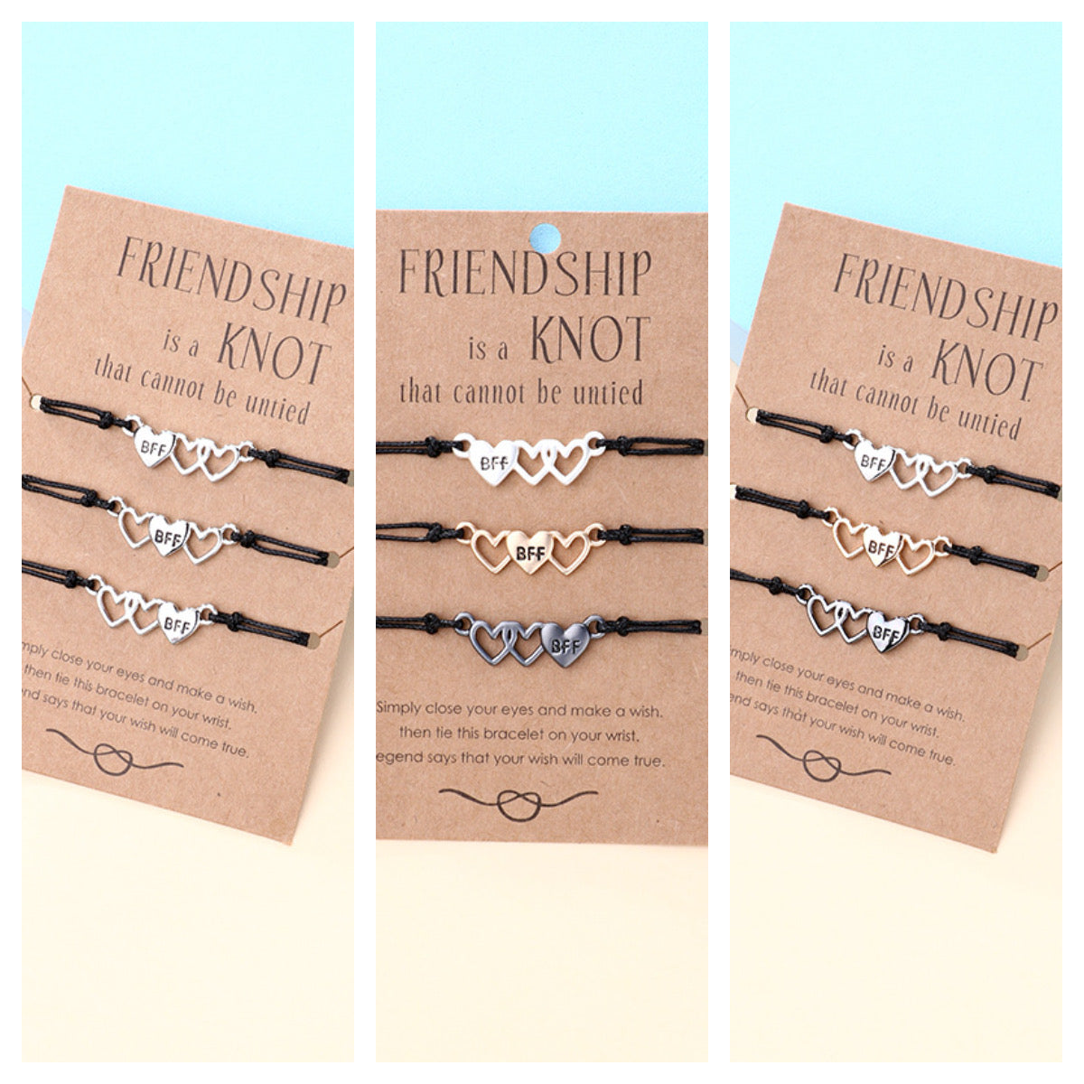 Lot de 3 Bracelets D'amitié Cordon Réglable avec Carte - 3 Petits Coeurs - BFF - Best Friends Forever - Fantaisie - Mignon