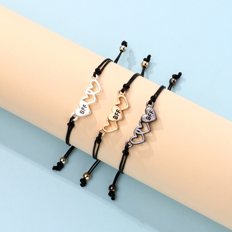 Lot de 3 Bracelets D'amitié Cordon Réglable avec Carte - 3 Petits Coeurs - BFF - Best Friends Forever - Fantaisie - Mignon