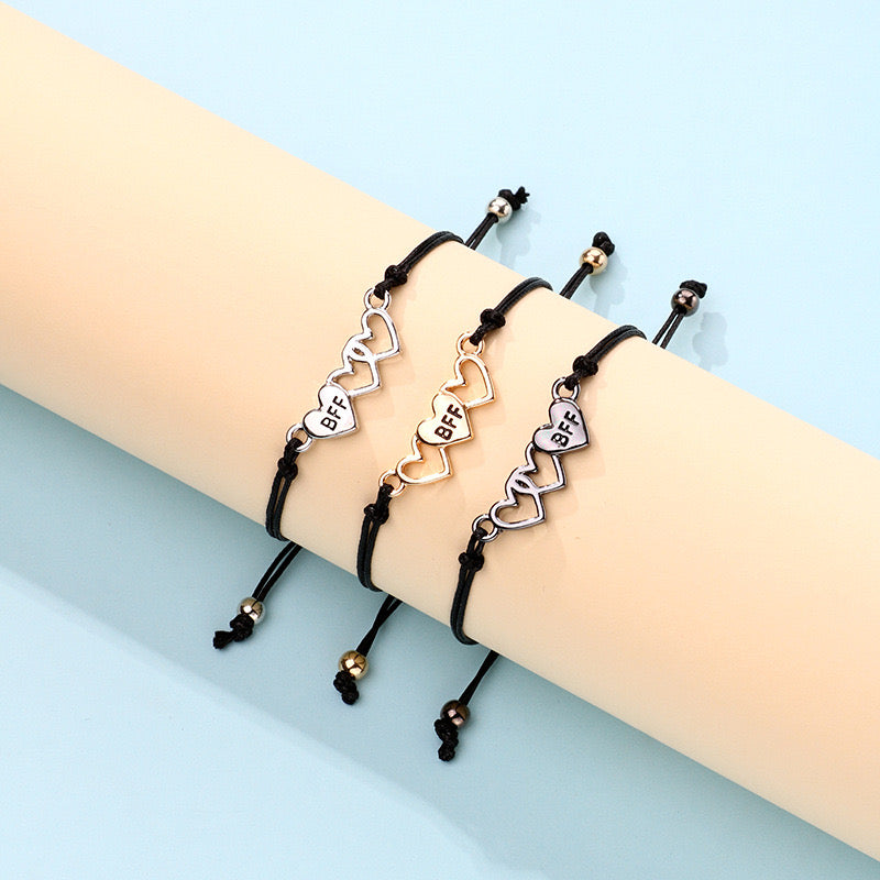 Lot de 3 Bracelets D'amitié Cordon Réglable avec Carte - 3 Petits Coeurs - BFF - Best Friends Forever - Fantaisie - Mignon