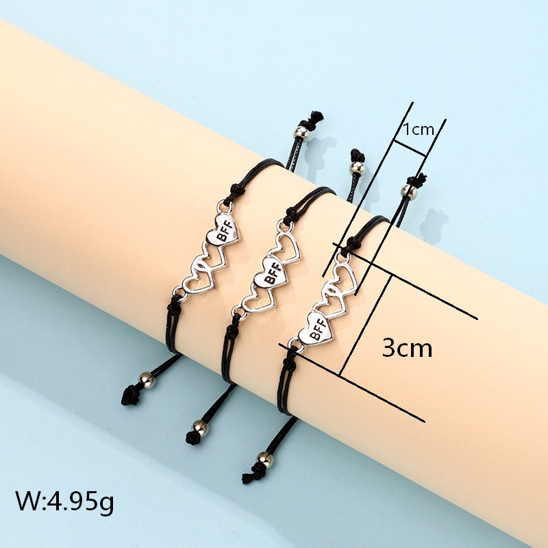 Lot de 3 Bracelets D'amitié Cordon Réglable avec Carte - 3 Petits Coeurs - BFF - Best Friends Forever - Fantaisie - Mignon