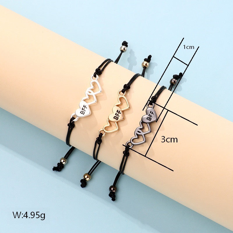 Lot de 3 Bracelets D'amitié Cordon Réglable avec Carte - 3 Petits Coeurs - BFF - Best Friends Forever - Fantaisie - Mignon