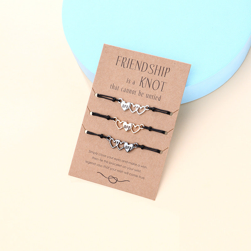 Lot de 3 Bracelets D'amitié Cordon Réglable avec Carte - 3 Petits Coeurs - BFF - Best Friends Forever - Fantaisie - Mignon