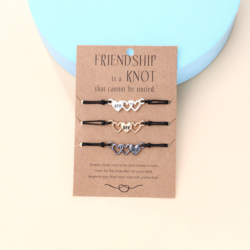 Lot de 3 Bracelets D'amitié Cordon Réglable avec Carte - 3 Petits Coeurs - BFF - Best Friends Forever - Fantaisie - Mignon