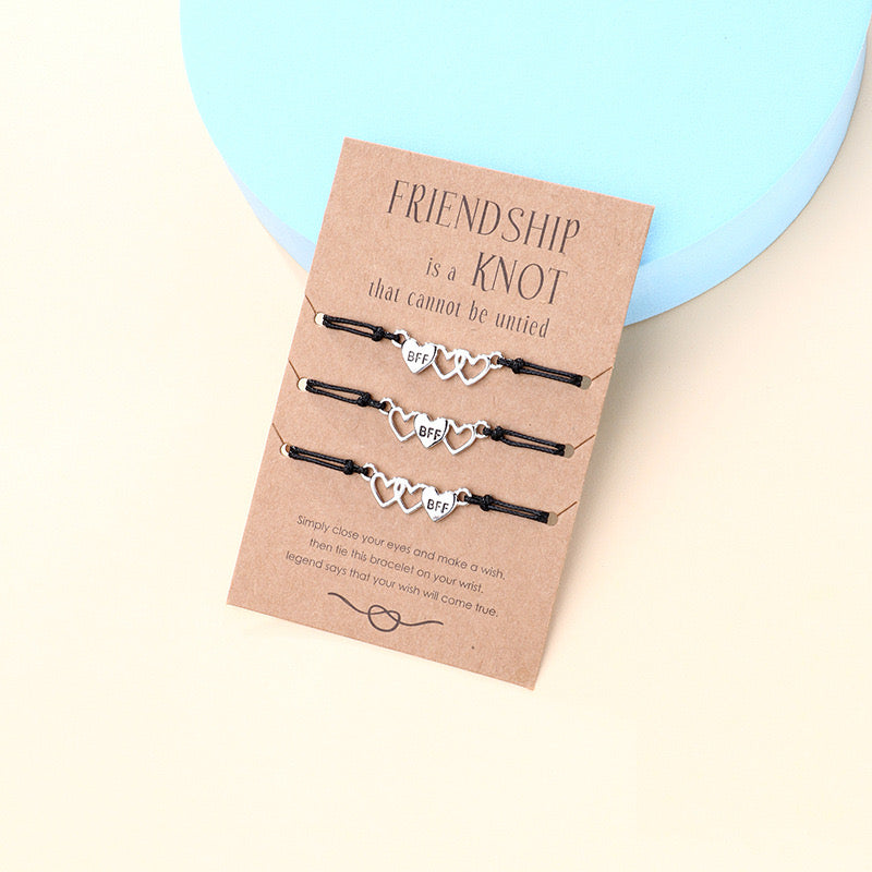 Lot de 3 Bracelets D'amitié Cordon Réglable avec Carte - 3 Petits Coeurs - BFF - Best Friends Forever - Fantaisie - Mignon