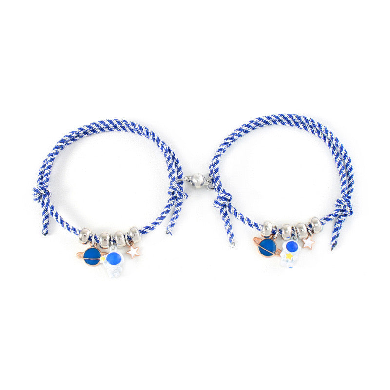 Lot de 2 Bracelets D'amitié Cordon Réglable - Astronaute Planète - BFF - Best Friends Forever - Boule Aimantée - Amoureux Couple Amitié