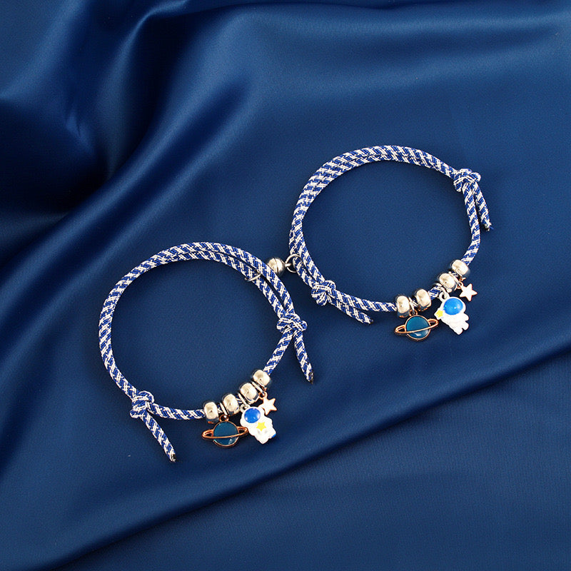 Lot de 2 Bracelets D'amitié Cordon Réglable - Astronaute Planète - BFF - Best Friends Forever - Boule Aimantée - Amoureux Couple Amitié
