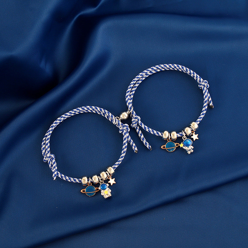 Lot de 2 Bracelets D'amitié Cordon Réglable - Astronaute Planète - BFF - Best Friends Forever - Boule Aimantée - Amoureux Couple Amitié