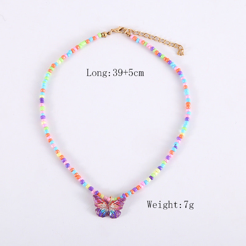 Collier Fantaisie Perles Papillon - Mignon - Alliage et Résine - Ajustable