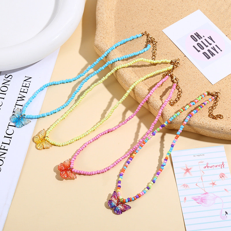 Collier Fantaisie Perles Papillon - Mignon - Alliage et Résine - Ajustable