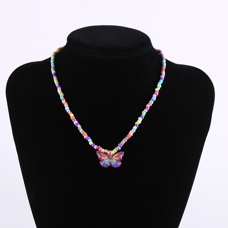 Collier Fantaisie Perles Papillon - Mignon - Alliage et Résine - Ajustable