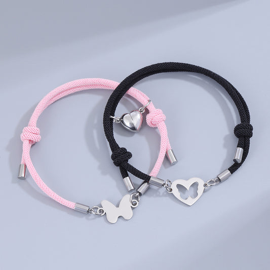 Lot de 2 Bracelets D'amitié Cordon Réglable - Papillons - BFF - Best Friend Forever - Pendentif Aimanté Coeur - Amoureux Couple Amitié