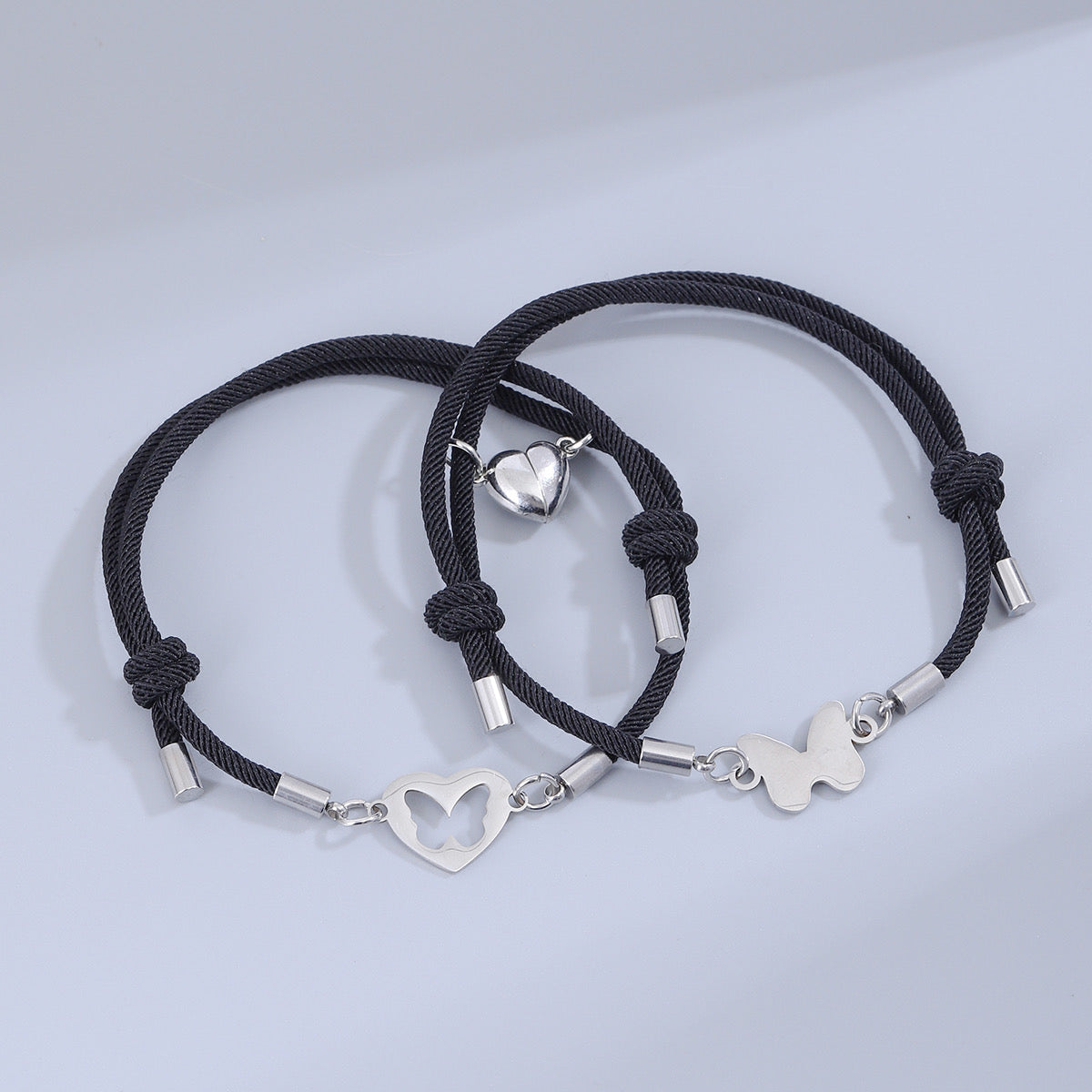 Lot de 2 Bracelets D'amitié Cordon Réglable - Papillons - BFF - Best Friend Forever - Pendentif Aimanté Coeur - Amoureux Couple Amitié