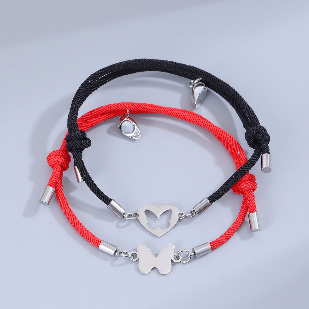 Lot de 2 Bracelets D'amitié Cordon Réglable - Papillons - BFF - Best Friend Forever - Pendentif Aimanté Coeur - Amoureux Couple Amitié