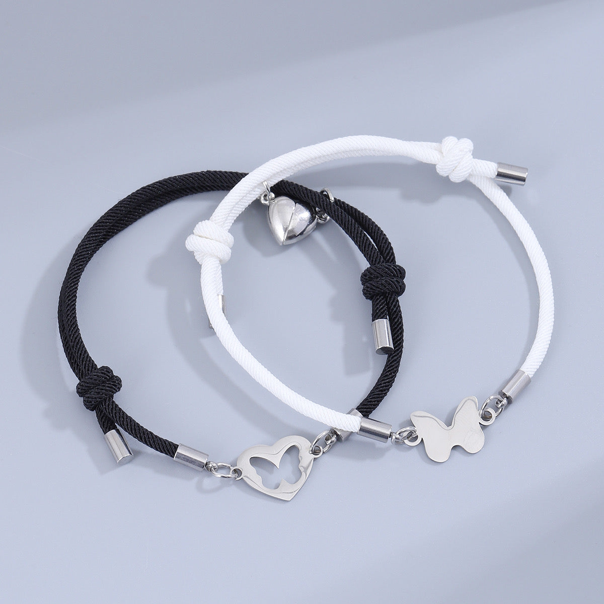 Lot de 2 Bracelets D'amitié Cordon Réglable - Papillons - BFF - Best Friend Forever - Pendentif Aimanté Coeur - Amoureux Couple Amitié