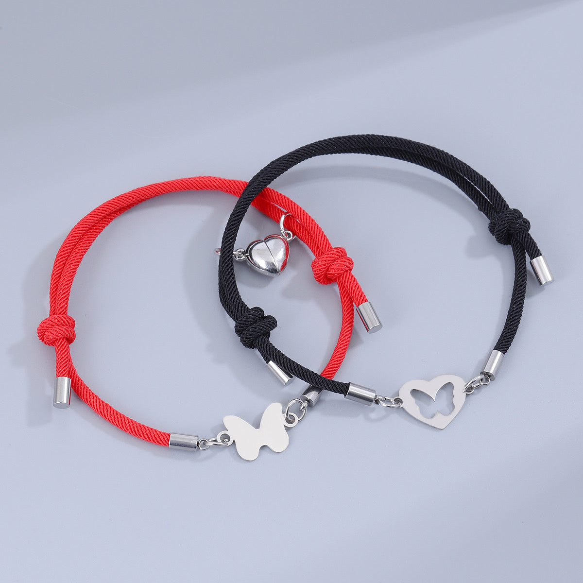 Lot de 2 Bracelets D'amitié Cordon Réglable - Papillons - BFF - Best Friend Forever - Pendentif Aimanté Coeur - Amoureux Couple Amitié