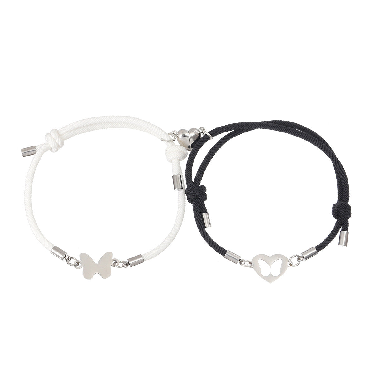 Lot de 2 Bracelets D'amitié Cordon Réglable - Papillons - BFF - Best Friend Forever - Pendentif Aimanté Coeur - Amoureux Couple Amitié