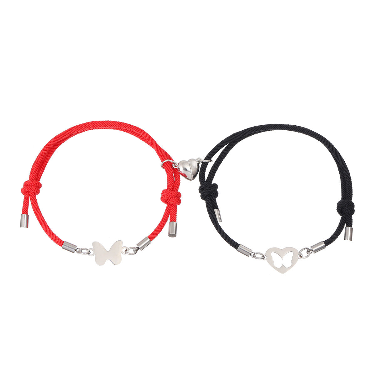 Lot de 2 Bracelets D'amitié Cordon Réglable - Papillons - BFF - Best Friend Forever - Pendentif Aimanté Coeur - Amoureux Couple Amitié