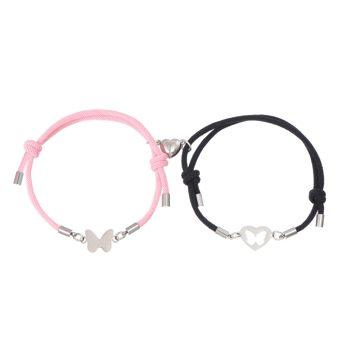 Lot de 2 Bracelets D'amitié Cordon Réglable - Papillons - BFF - Best Friend Forever - Pendentif Aimanté Coeur - Amoureux Couple Amitié