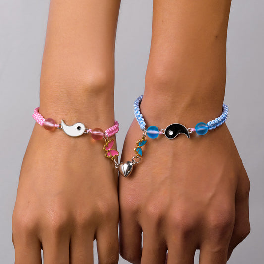 Lot de 2 Bracelets D'amitié Cordon Réglable - Marguerite Papillon Ying Yang - BFF - Best Friends Forever - Amitié Amoureux Couple