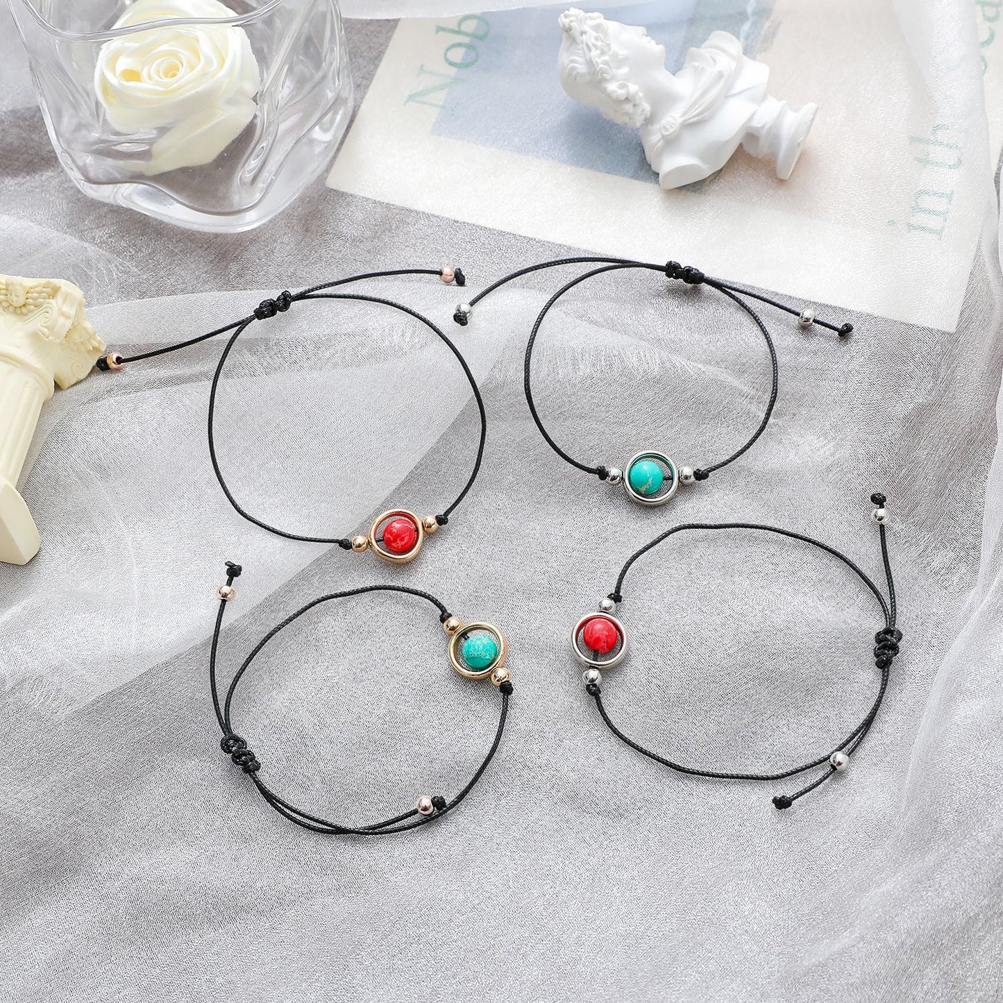 Lot de 2 Bracelets D'amitié Cordon Réglable avec Carte - Anneaux avec Perles - BFF - Best Friends Forever - Amitié - Fantaisie