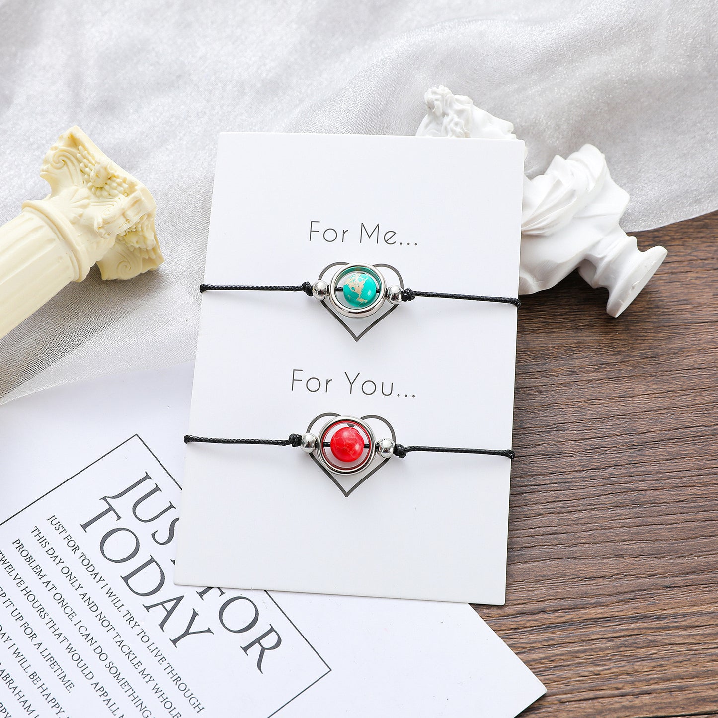 Lot de 2 Bracelets D'amitié Cordon Réglable avec Carte - Anneaux avec Perles - BFF - Best Friends Forever - Amitié - Fantaisie