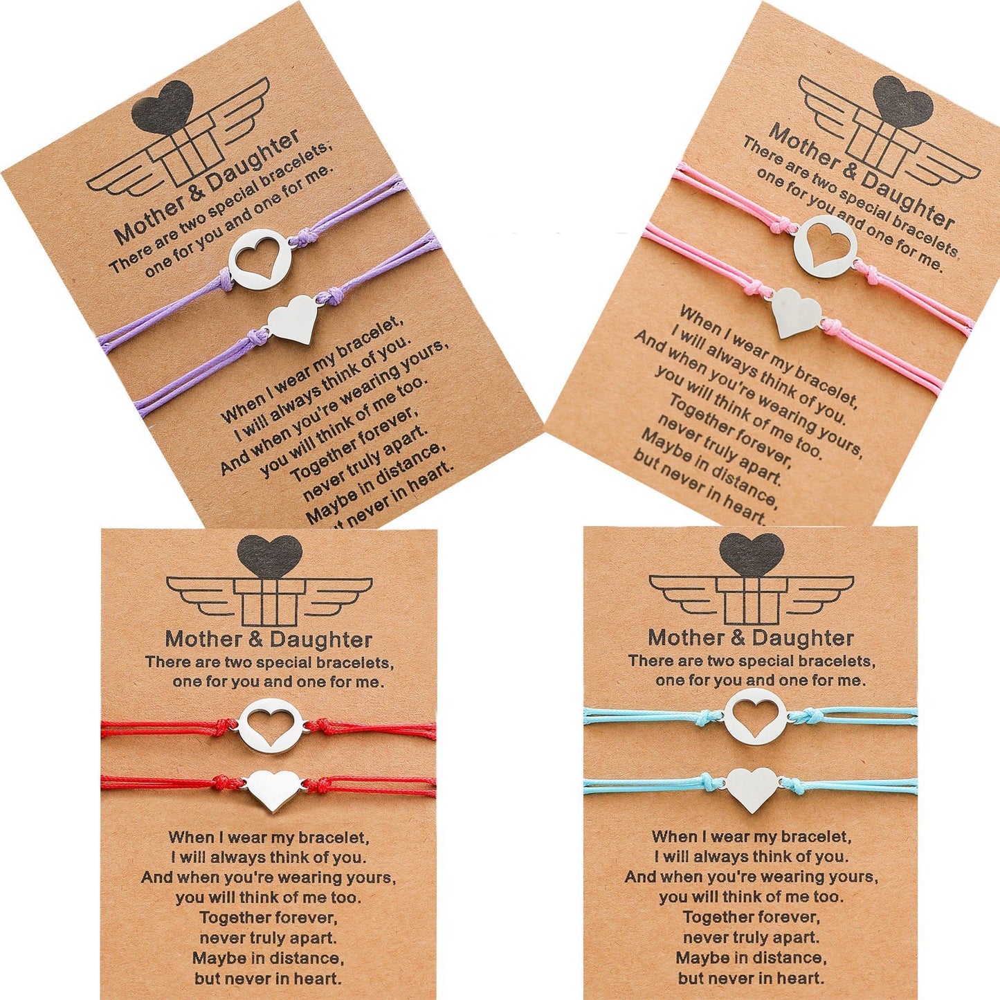 Lot de 2 Bracelets Réglables avec Carte - Cœur Mère Fille - Famille Parents Enfant Maman Fille - Pendentif Coeur - Acier Inoxydable