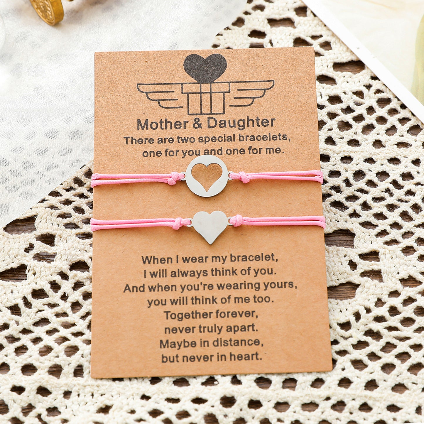 Lot de 2 Bracelets Réglables avec Carte - Cœur Mère Fille - Famille Parents Enfant Maman Fille - Pendentif Coeur - Acier Inoxydable