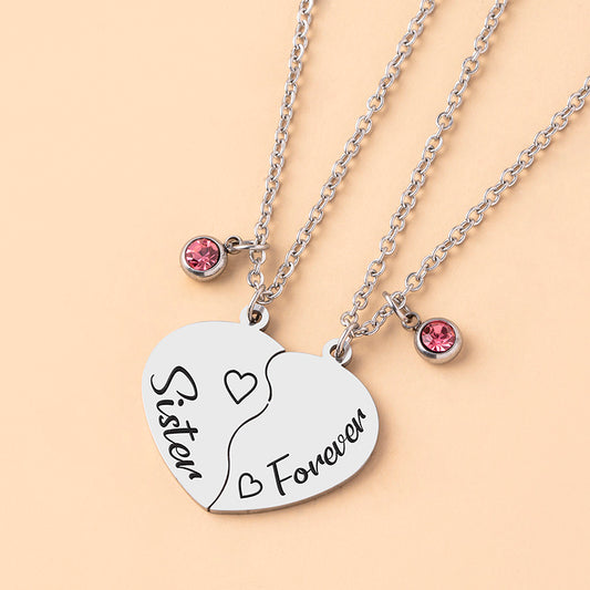 Lot de 2 Colliers Sister Forever - Soeurs - Ainée Cadette - Famille Enfant Soeur Filles - Pendentif Coeur Strass - Acier Inoxydable